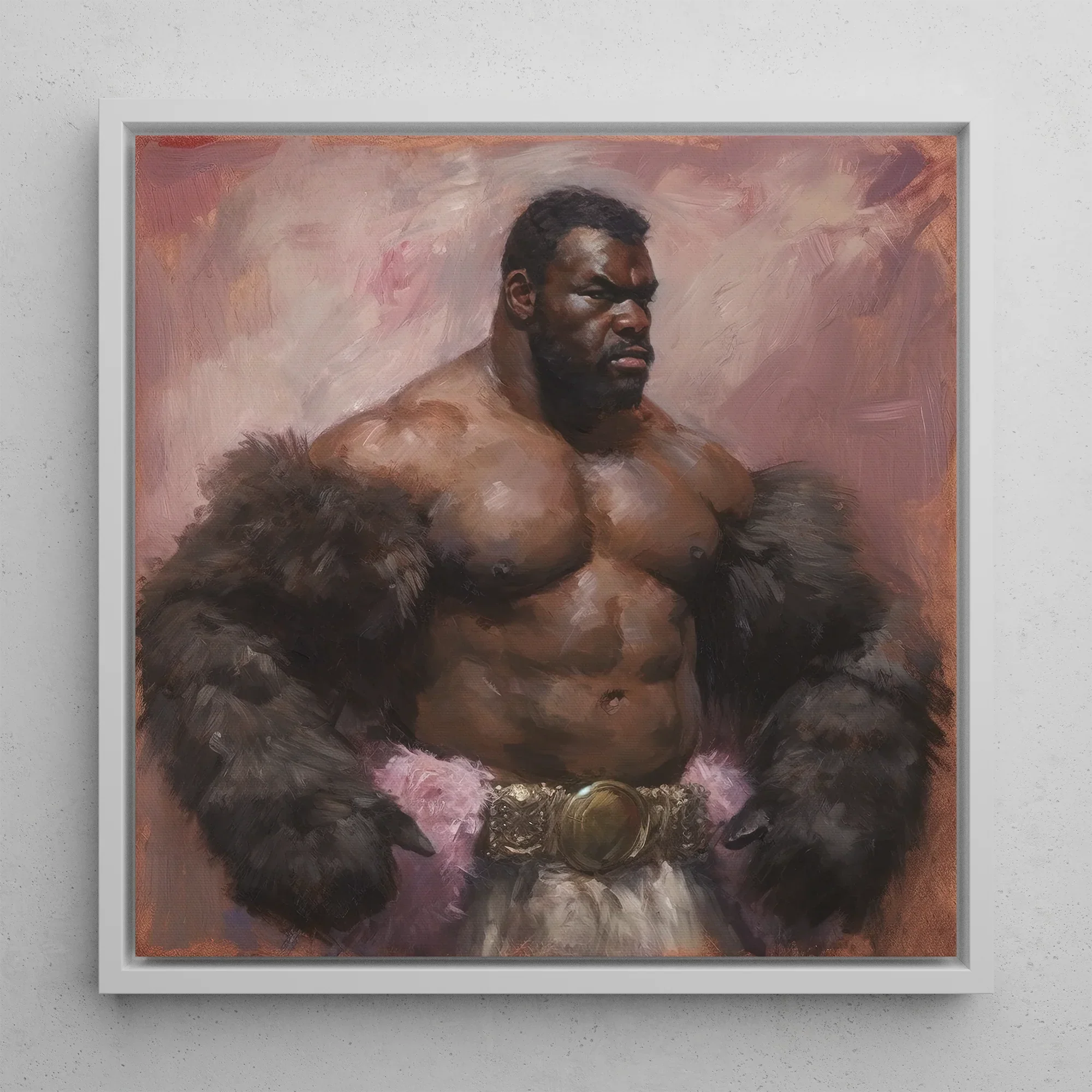 Papa Bear Gay Muscle Daddy Art Framed Canvas, 12x12’’ / 31x31cm / White Floating Frame, Muscular Man Fur Sleeves