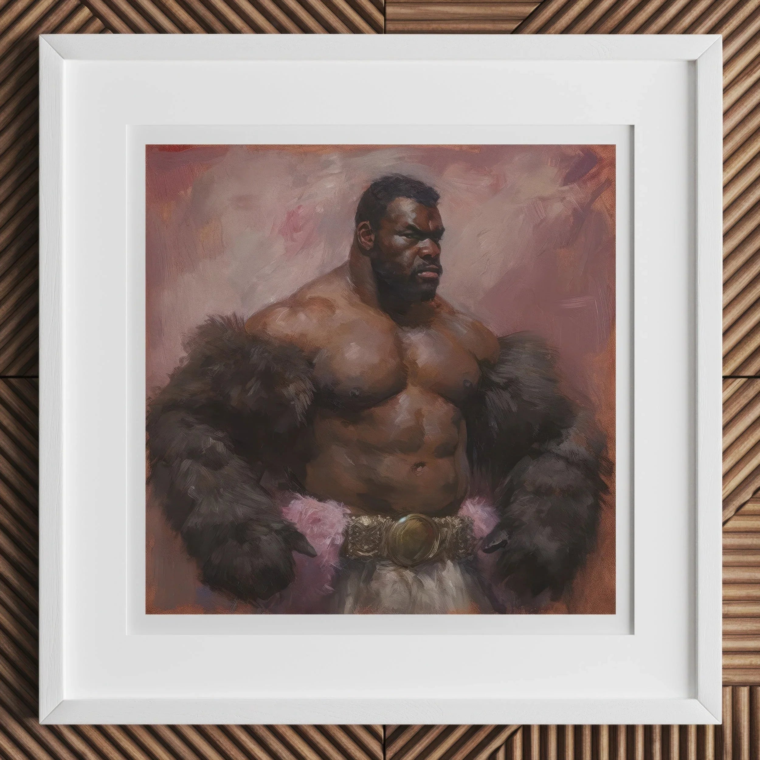 Papa Bear - Gay Muscle Daddy Art Print, 12x12’’ / 31x31cm / White Frame, Framed Painting Muscular Black Man Fur Coat Ornate