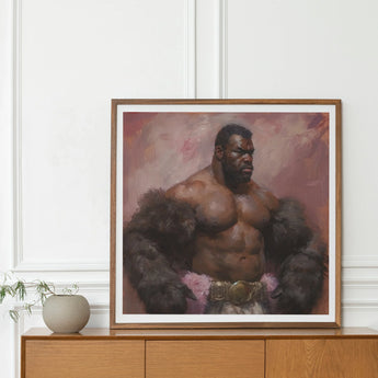 Papa Bear - Gay Muscle Daddy Art Print, Framed Painting Muscular Black Man Fur Coat Belt