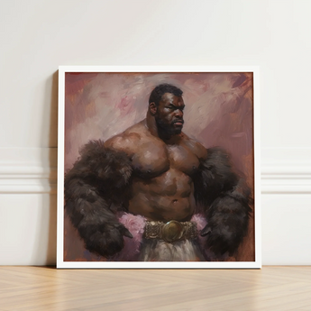 Framed Painting Muscular Black Man Dark Fur Draped Muscle Daddy Art, Gaybear, Afroamerican