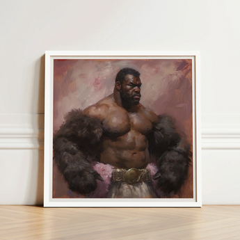 Framed Painting Muscular Black Man Fur-lined Robe Pink Muscle Daddy Art, Gaybear, Afroamerican