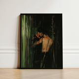 Black-framed Artwork Two Men Intimate Embrace Surrounded Tall Gay Indian Lovers, Tryst, Moonlit Reeds Seal