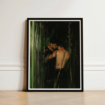 Black-framed Art Print Two Men Intimate Embrace Amidst Gay Indian Lovers, Tryst, Moonlit Reeds Seal