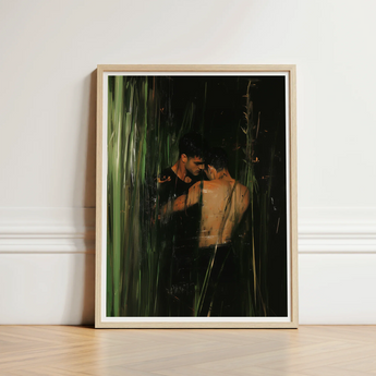 Framed Artwork Two Men Amidst Tall Green Reeds Gay Indian Lovers, Tryst, Moonlit Seal