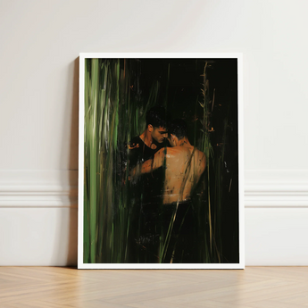 Framed Artwork Two Men Dimly Lit Green-toned Forest Gay Indian Lovers, Tryst, Moonlit Reeds Seal