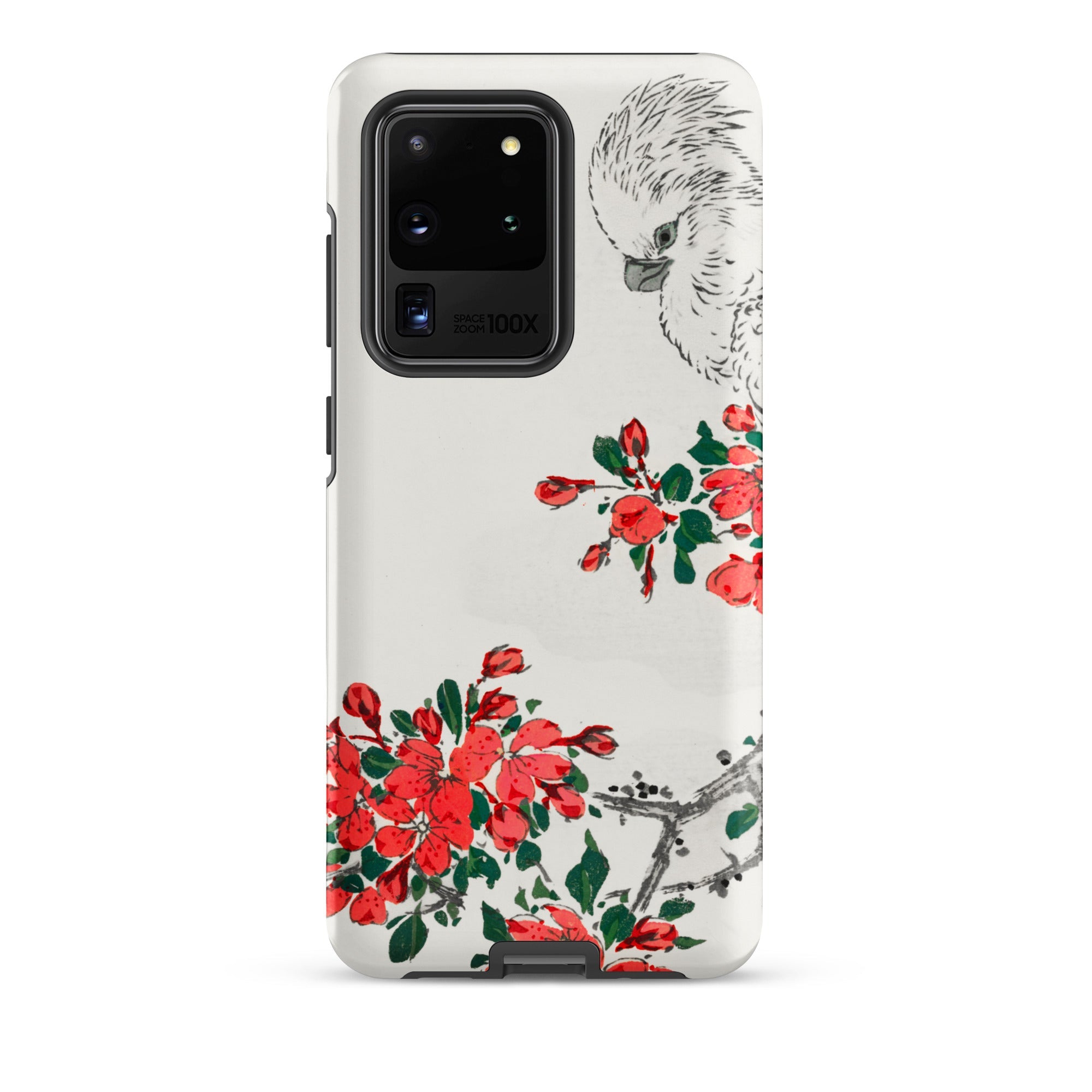 Parrot and Pyrus Numata Kashu Samsung Case, Galaxy S20 Ultra / Matte, White Phone Case Artistic Depiction Cockatoo Red Flowers