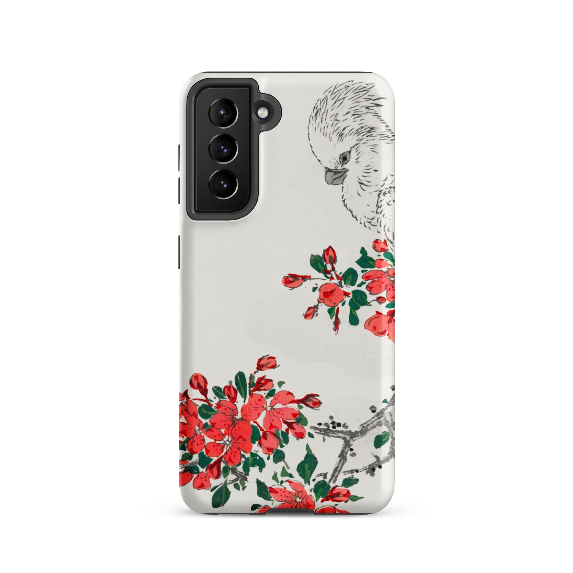 Parrot and Pyrus Numata Kashu Samsung Case, Galaxy S21 / Matte, White Smartphone Case Black Cockatoo Red Floral Design