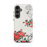 Parrot and Pyrus - Numata Kashu Samsung Case, Galaxy S24 Plus / Matte, White Smartphone Case Black-and-white Cockatoo Red Floral Designs