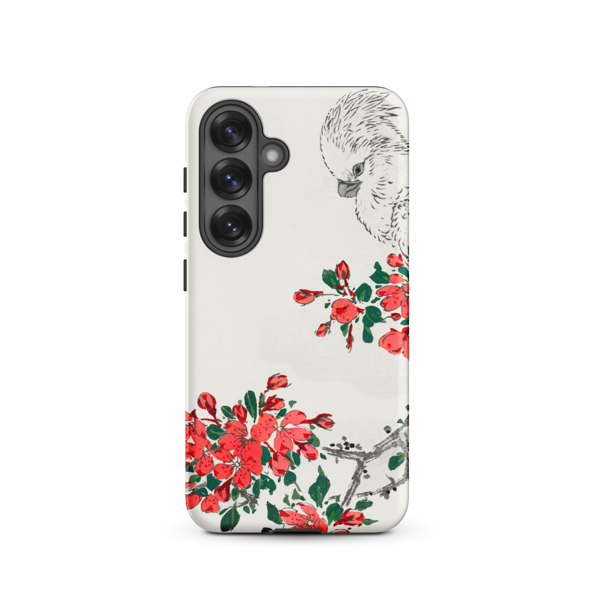 Parrot and Pyrus Numata Kashu Samsung Case, Galaxy S25 / Matte, White Smartphone Case Black Parrot Red Floral Design