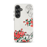 Parrot and Pyrus - Numata Kashu Samsung Case, Galaxy S25 Plus / Matte, White Phone Case Black-and-white Cockatoo Red Floral Design