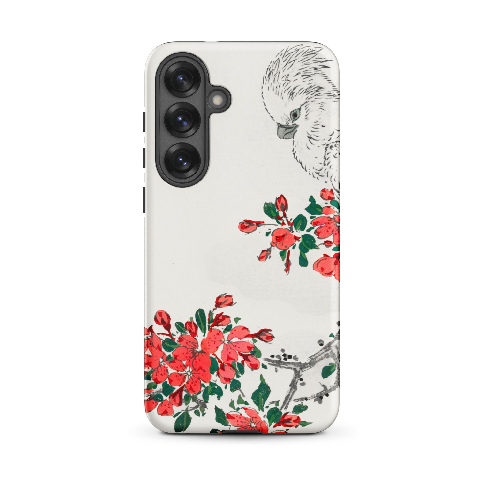Parrot and Pyrus Numata Kashu Samsung Case, Galaxy S25 Plus / Matte, White Phone Case Black Cockatoo Red Floral Design