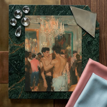 Party Animals - Luxe Vintage Circuit Gays Art Print / Canvas Square-framed Painting Dark Green Marble Border Oil Two Bare-chested