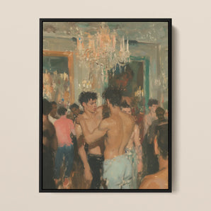 Party Animals - Sweaty Gay Lovers Framed Canvas, 12x16’’ / 31x41cm / Black Floating Frame, Impressionistic Painting Shirtless Men