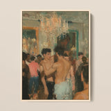 Party Animals - Sweaty Gay Lovers Framed Canvas, 12x16’’ / 31x41cm / Natural Floating Frame, Oil Painting Lively People Shirtless Chandelier