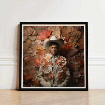 Framed Portrait Man White Cowboy Hat Light-colored Jacket Femme Gay, Dandy Afroamerican Outlaw’s, Spirit’s Queer