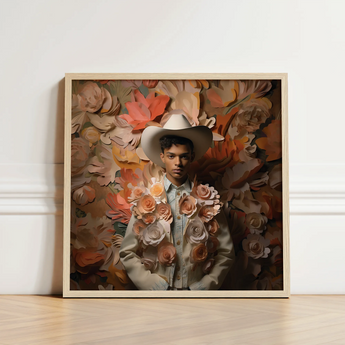 Framed Portrait Man White Cowboy Hat Light-colored Jacket Femme Gay, Dandy Afroamerican Outlaw’s, Spirit’s Queer