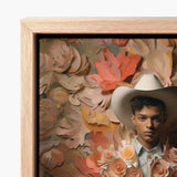 Framed Artwork Young Man White Cowboy Hat Surrounded Femme Gay, Dandy Afroamerican Outlaw’s, Spirit’s Queer