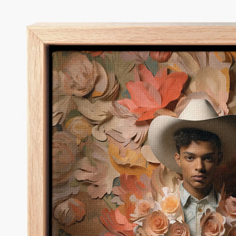 Framed Artwork Young Man White Cowboy Hat Surrounded Femme Gay, Dandy Afroamerican Outlaw’s, Spirit’s Queer