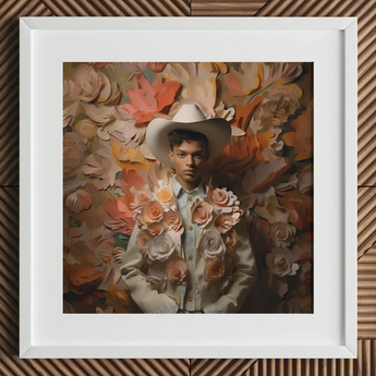 Pascal - Black Gay Femboy Cowboy Art Print / Canvas Cowboy Hat Floral Embellishments Cream Pink Flowers Denim Femme Gay Cowboy, Dandy