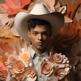 Pascal - Black Gay Femboy Cowboy Art Print / Canvas Cowboy Hat Wide Brim Light Beige Color Made Femme Gay Cowboy, Dandy Afroamerican