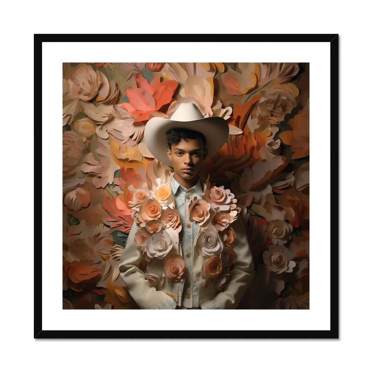 Pascal - Black Gay Femboy Cowboy Art Print, Cowboy White Hat Surrounded Peach Coral-colored Roses