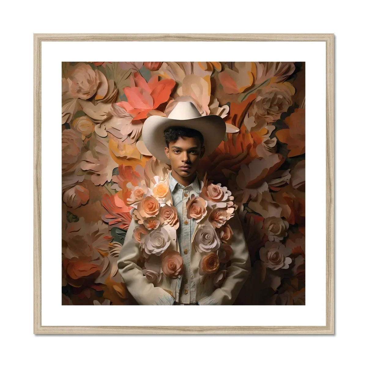 Pascal - Black Gay Femboy Cowboy Art Print, Figure White Cowboy Hat Light-colored Western Shirt Amid