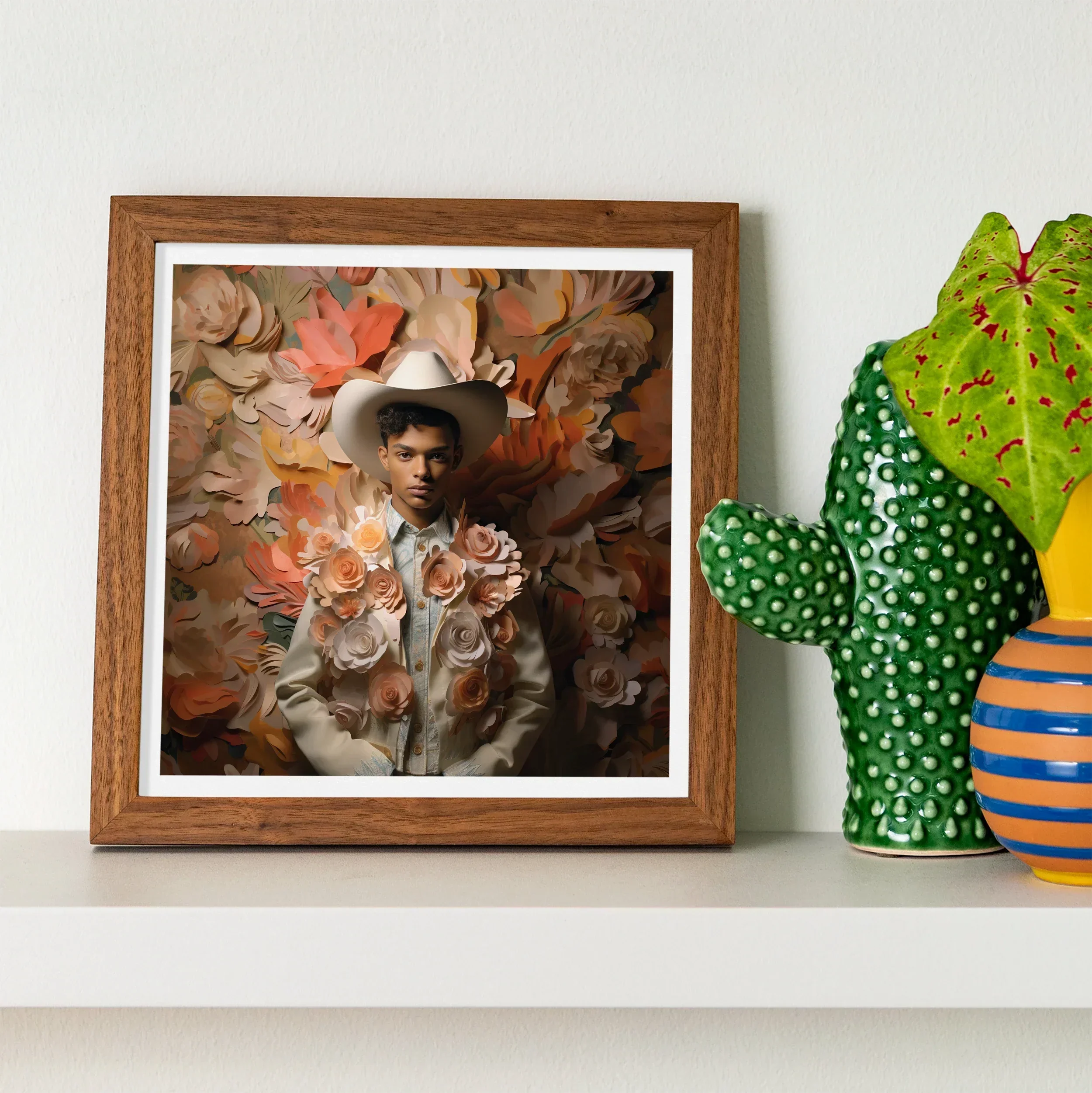 Pascal - Black Gay Femboy Cowboy Art Print, Framed Artistic Portrait Cowboy Theme Abstract Butterfly Elements