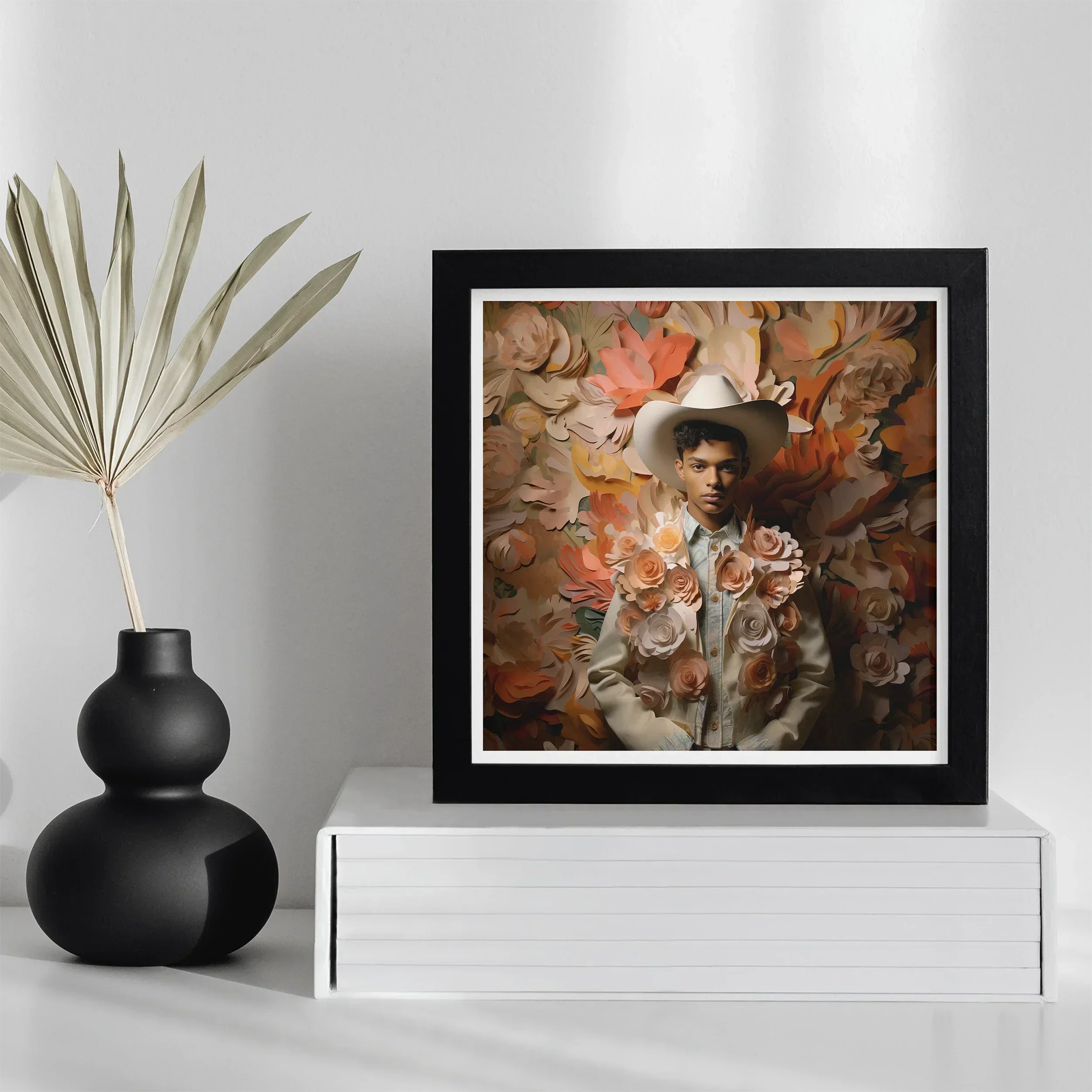 Pascal - Black Gay Femboy Cowboy Art Print, Framed Artwork Autumn-toned Floral Elements Figure Hat Sepia