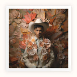 Pascal - Black Gay Femboy Cowboy Art Print, Cowboy White Hat Denim Jacket Surrounded Soft Pink