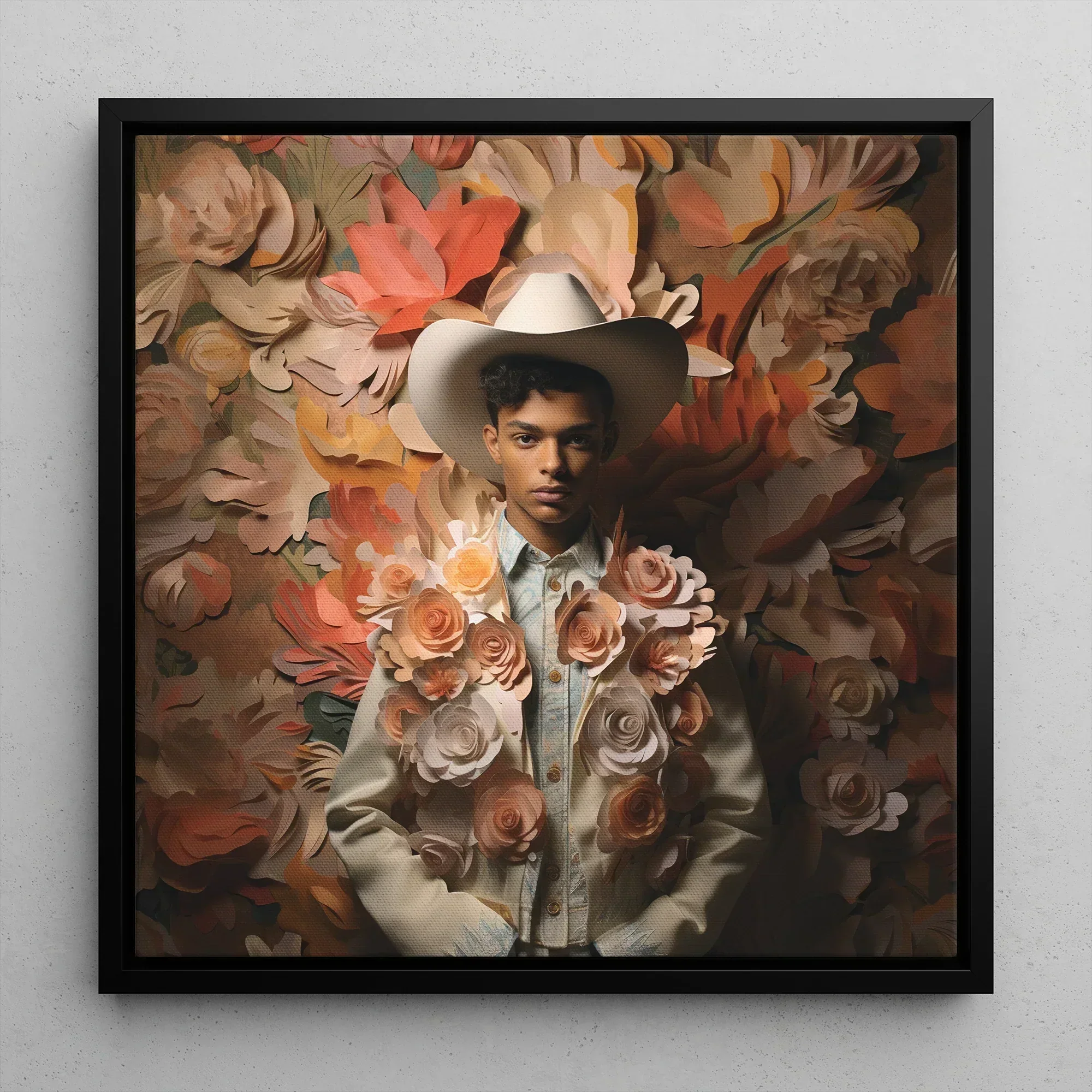 Pascal Black Gay Femboy Cowboy Framed Canvas, 12x12’’ / 31x31cm / Floating Frame, Framed Floral Cowboy Portrait