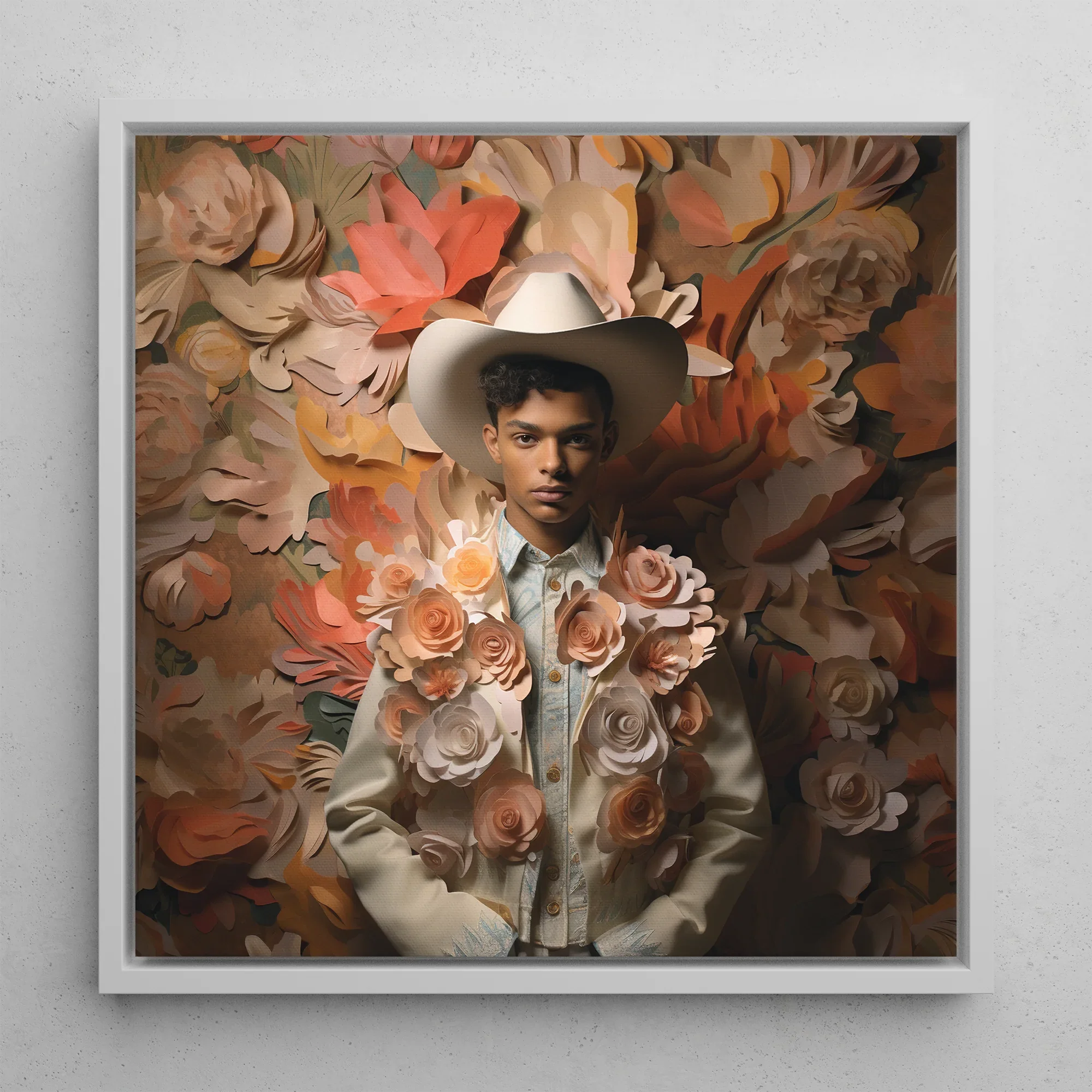 Pascal Black Gay Femboy Cowboy Framed Canvas, 12’’x12’’ / White Floating Frame, Floral Cowboy Portrait