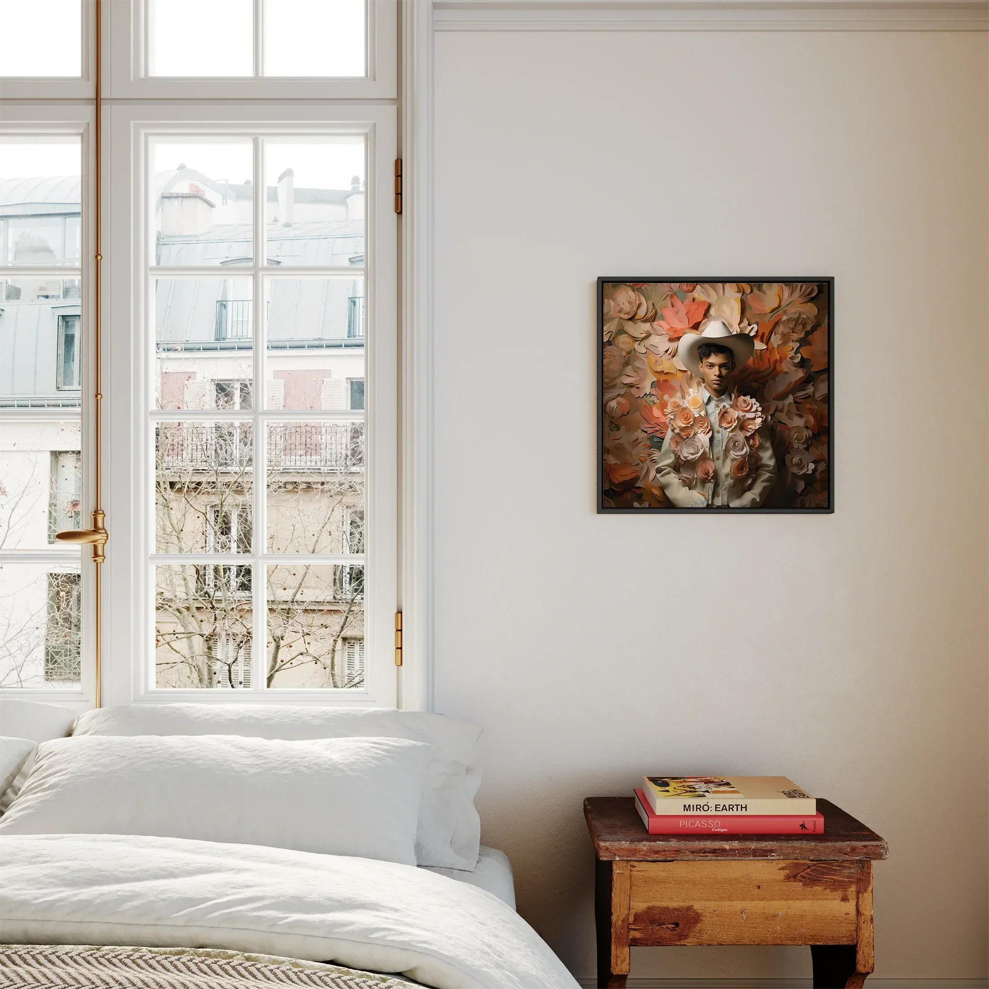 Pascal - Black Gay Femboy Cowboy Framed Canvas, Framed Floral Portrait