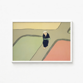 White-framed Artwork Stylized Figure Dark Blue Attire Light-colored Kamisaka Sekka’s Path, Sekka Art, Visual Haiku