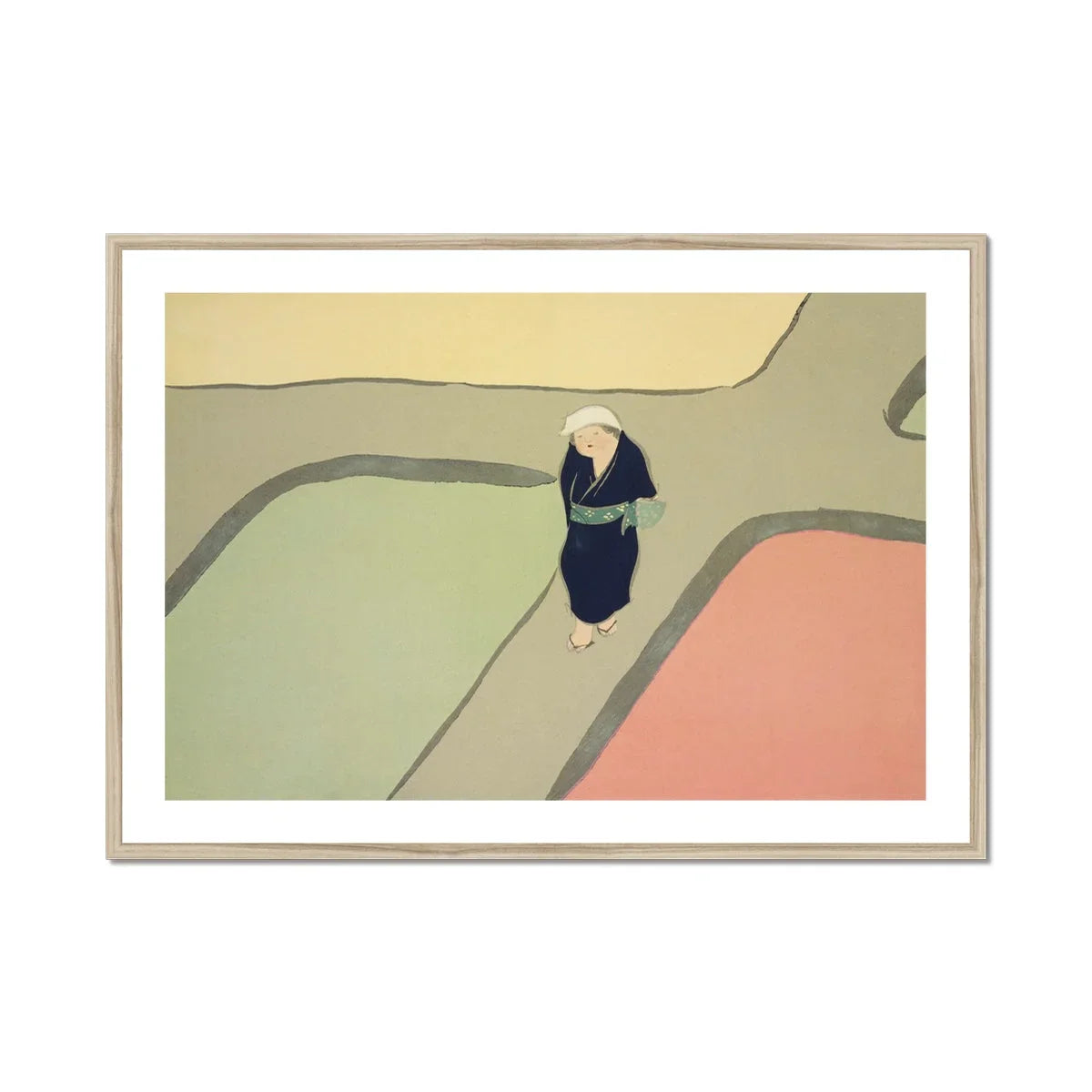 Path Through the Fields Kamisaka Sekka Art Print, Figure Traditional Japanese Clothing Stands Minimalist Landscape