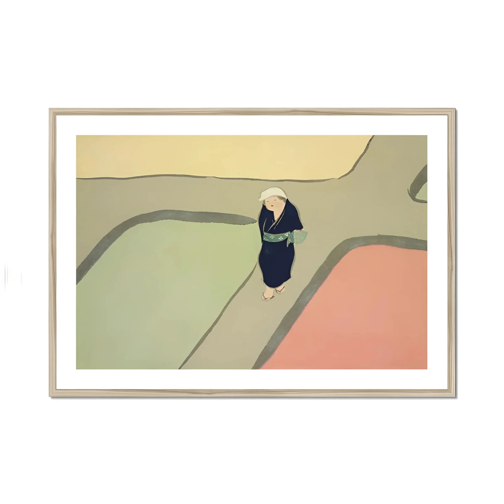 Path Through the Fields - Kamisaka Sekka Art Print, Figure Traditional Japanese Clothing Stands Minimalist Landscape