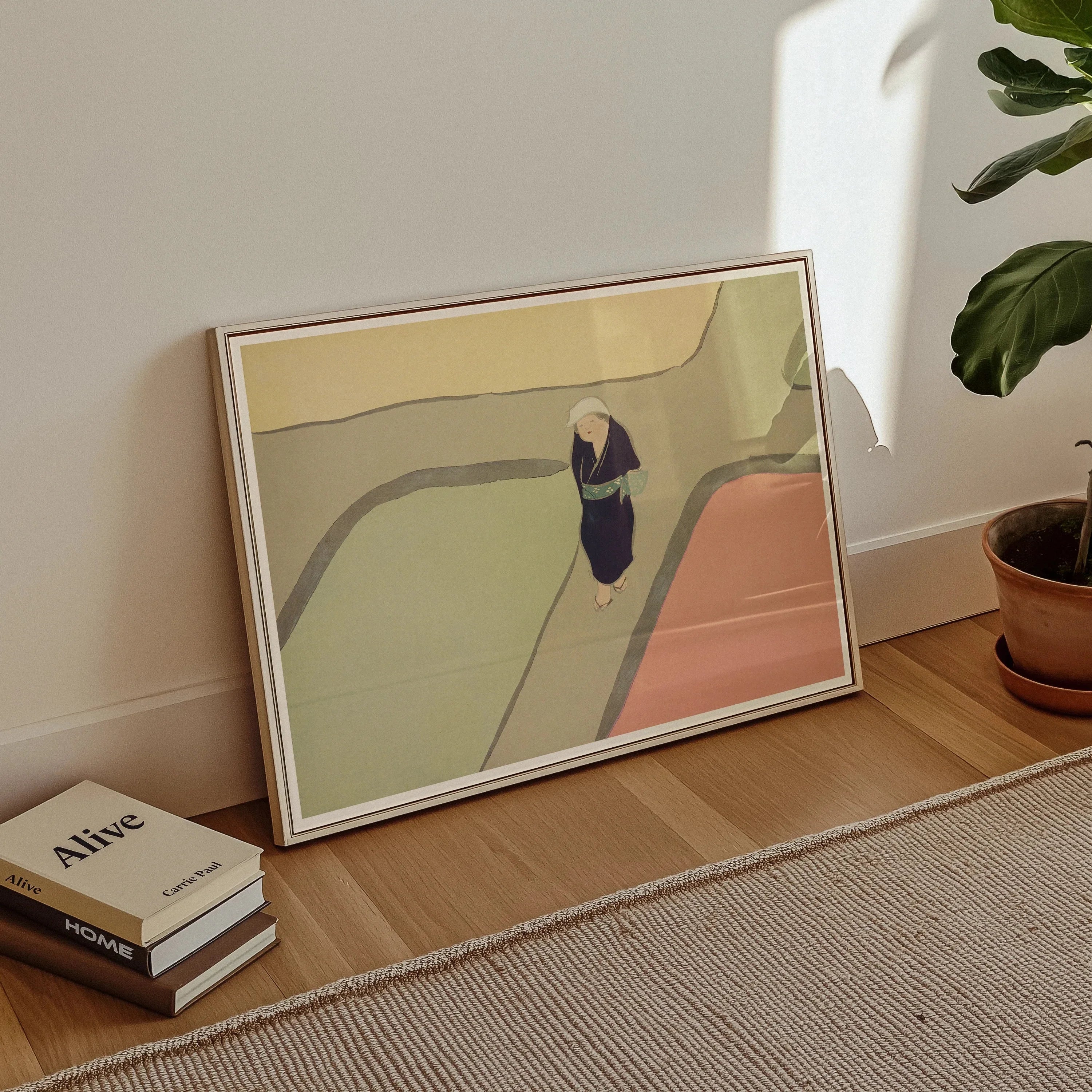 Path Through the Fields Kamisaka Sekka Art Print, Framed Minimalist Artwork Abstract Figure Curved Path Muted