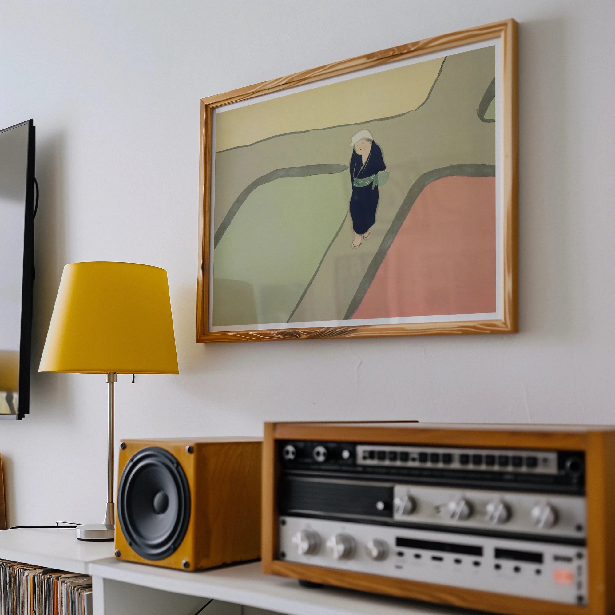 Path Through the Fields - Kamisaka Sekka Art Print, Vintage Stereo Receiver Wooden Case Speaker Yellow Table