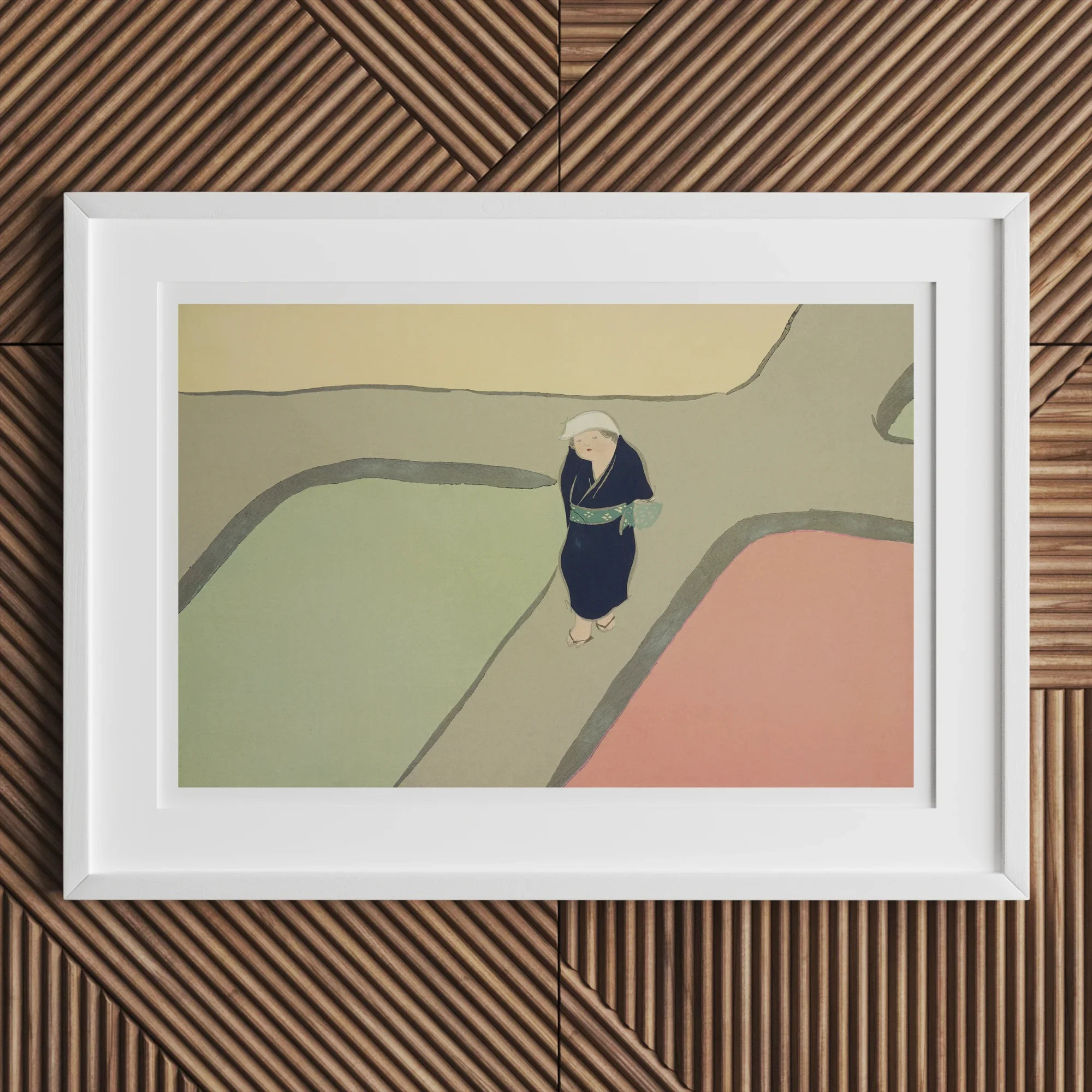 Path Through the Fields - Kamisaka Sekka Art Print, White-framed Artwork Minimalist Aerial View Figure Abstract Colored
