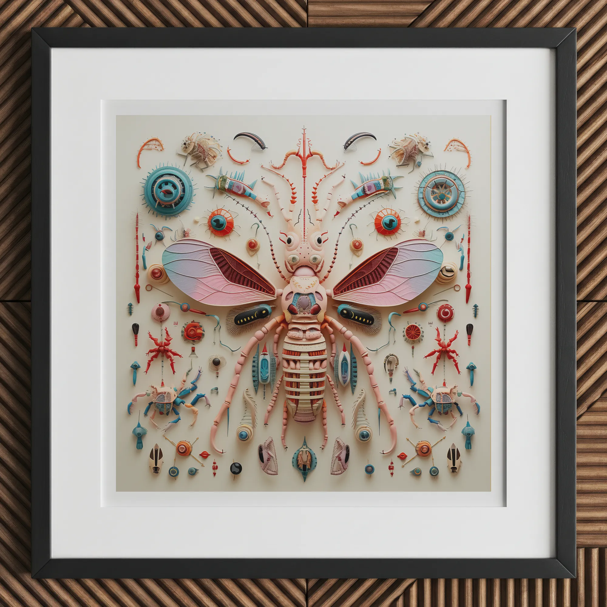 Peachy Queen - Alien Insect Taxonomy Art Print, 12x12’’ / 31x31cm / Black Frame / 2’’ Matboard, Framed Intricate Insect Artwork Pastel