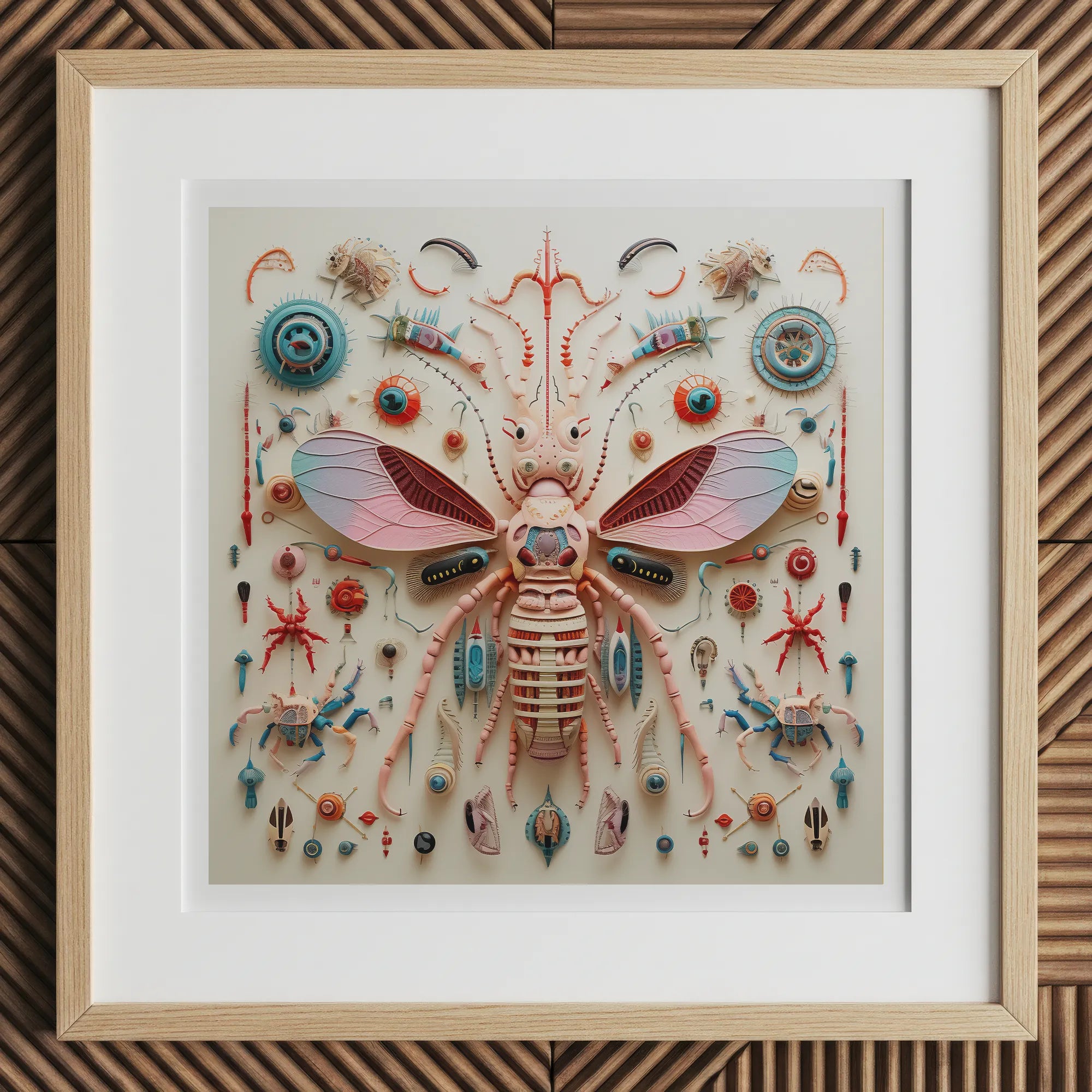 Peachy Queen - Alien Insect Taxonomy Art Print, 12x12’’ / 31x31cm / Natural Frame / 2’’ Matboard, Framed Artwork Intricately Constructed