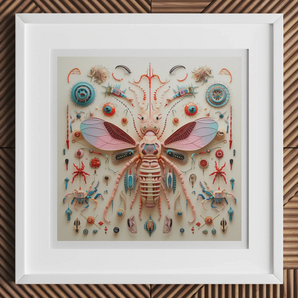 Peachy Queen - Alien Insect Taxonomy Art Print, 12x12’’ / 31x31cm / White Frame / 2’’ Matboard, Symmetrical Artwork Stylized Insect