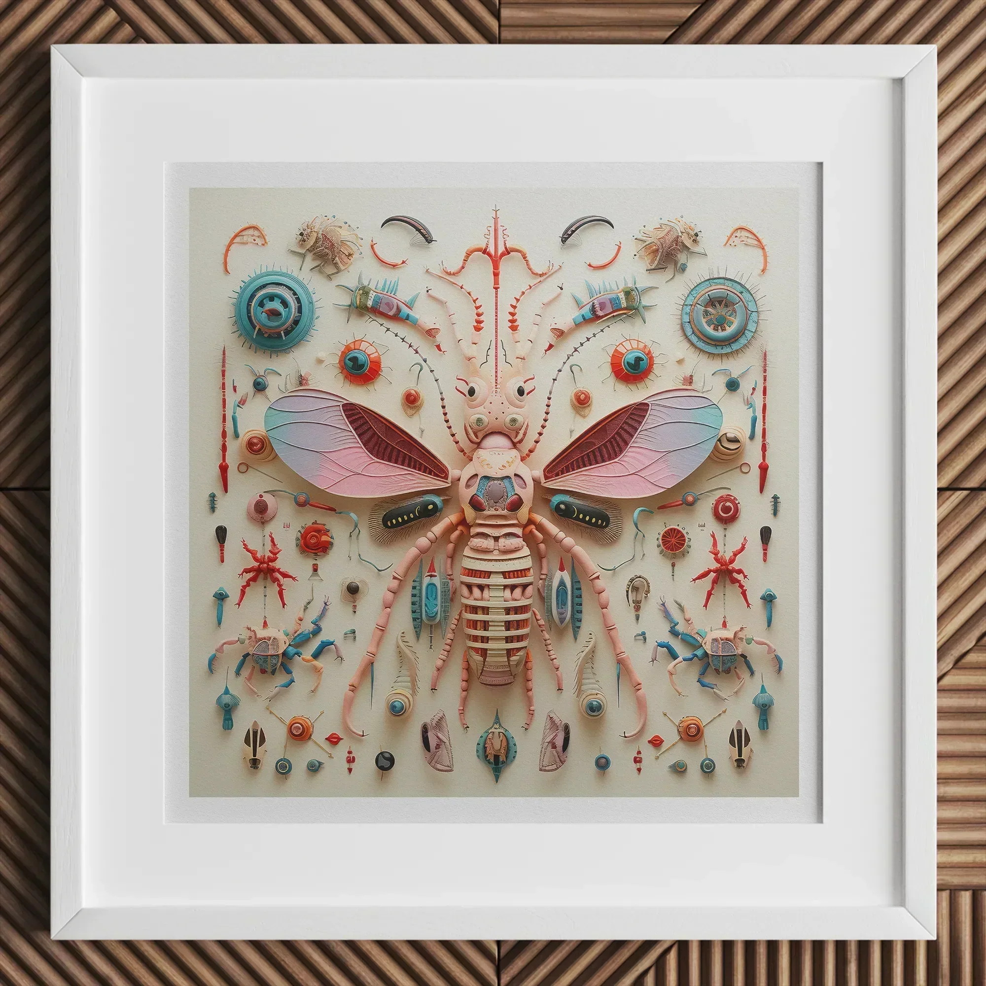 Peachy Queen - Alien Insect Taxonomy Art Print, 12x12’’ / 31x31cm / White Frame / 2’’ Matboard, Symmetrical Artwork Stylized Insect