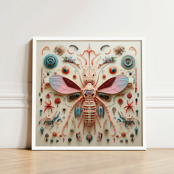 Vibrant Intricately Designed Insect Sculpture Pink Blue Wings Peachy Queen Redefines Xenobiological, Alien Species Taxonomy, Art Print