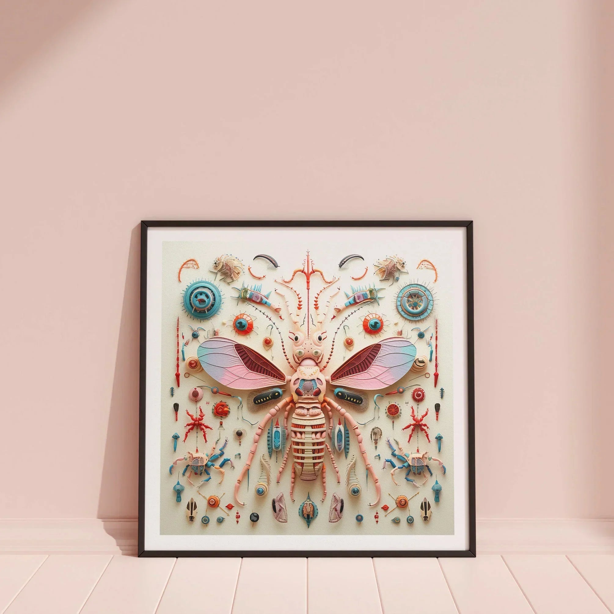 Peachy Queen Alien Insect Taxonomy Art Print, Framed Artwork Symmetrical Insect Inspired Design Colorful Elements Patterns