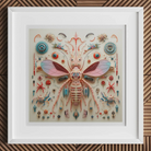 Peachy Queen Alien Insect Taxonomy Art Print, Symmetrical Artwork Stylized Insect Colorful Wings Surrounded Intricate