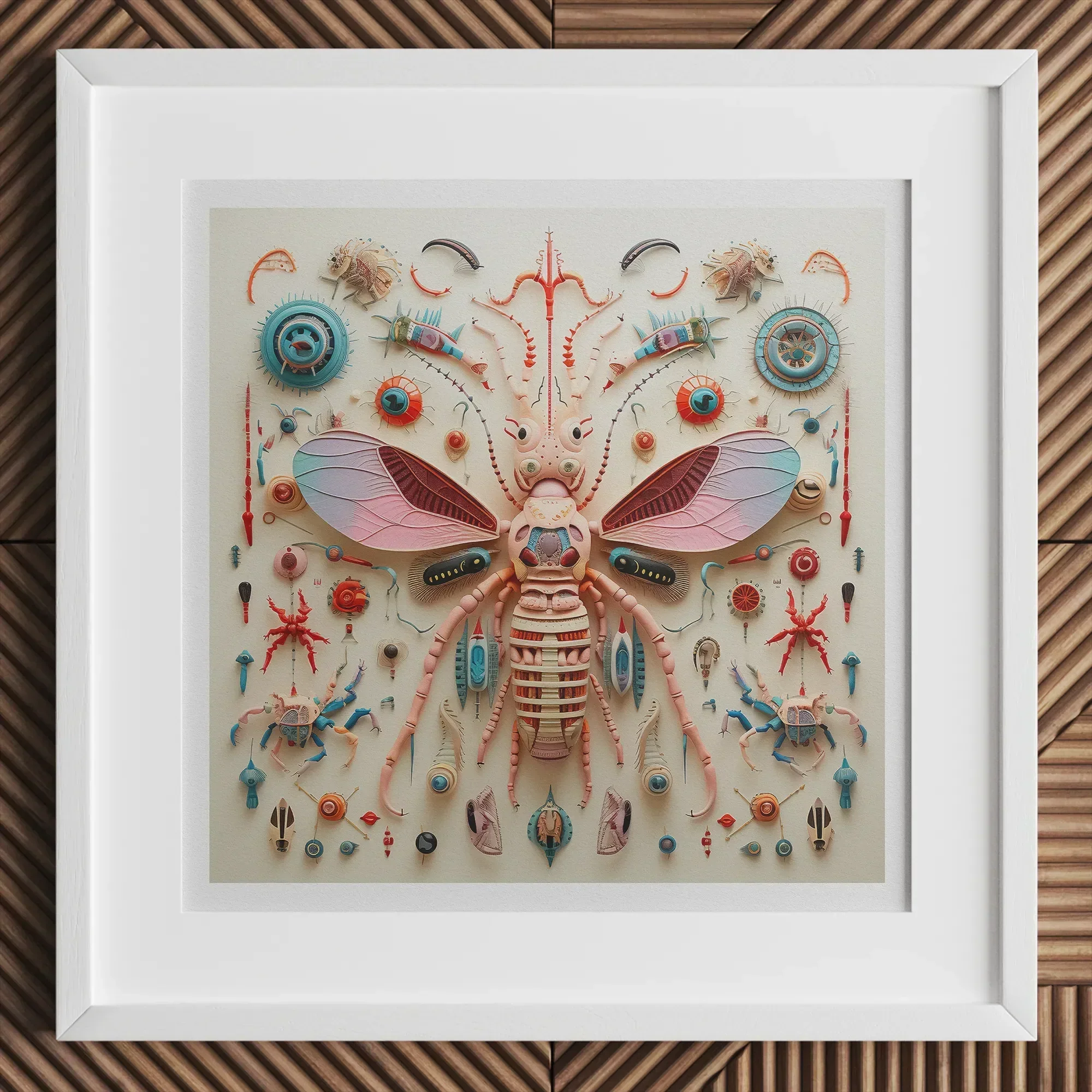 Peachy Queen Alien Insect Taxonomy Art Print, Symmetrical Artwork Stylized Insect Colorful Wings Surrounded Intricate