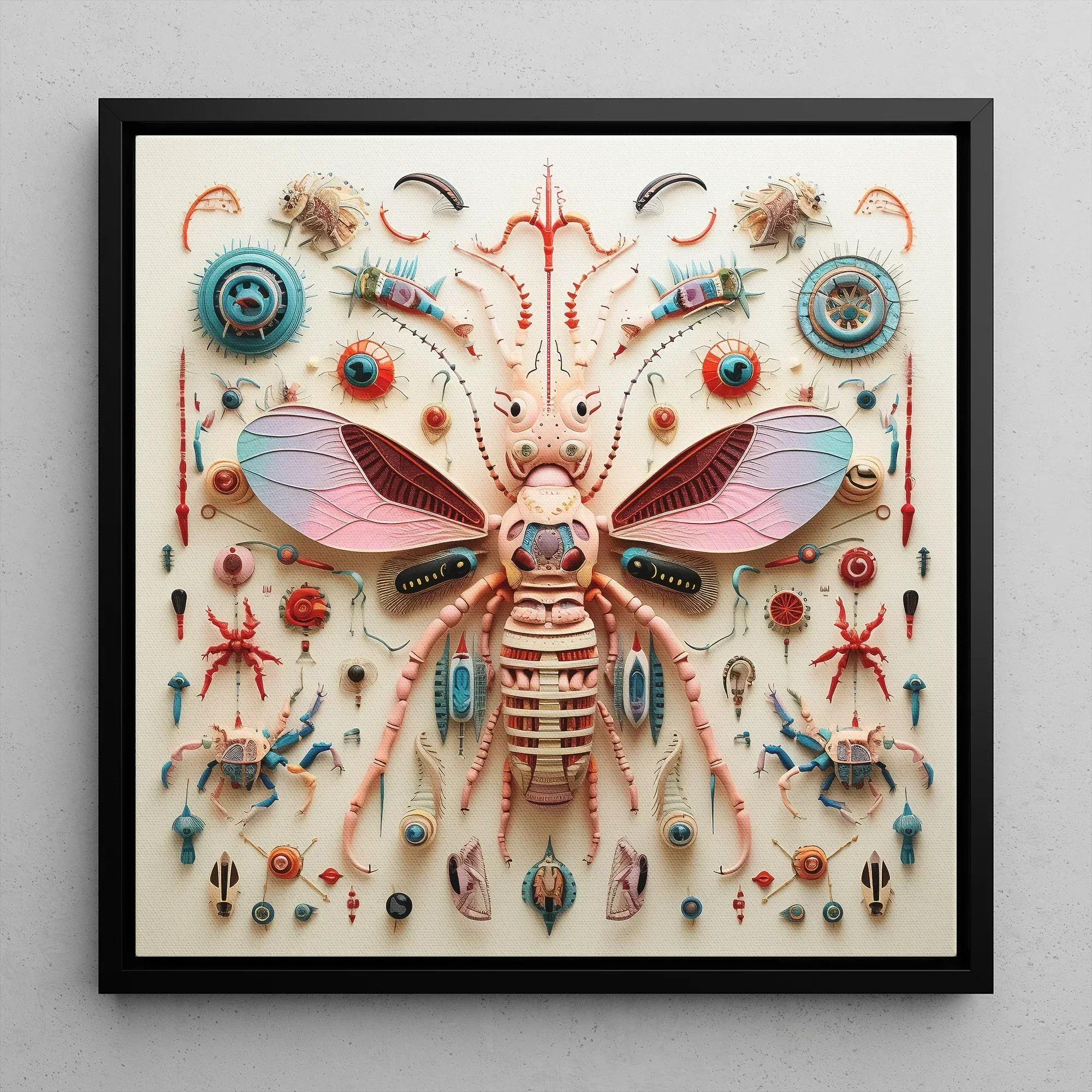 Peachy Queen Alien Insect Taxonomy Framed Canvas, 12x12’’ / 31x31cm / Black Floating Frame, Framed Insect Assemblage