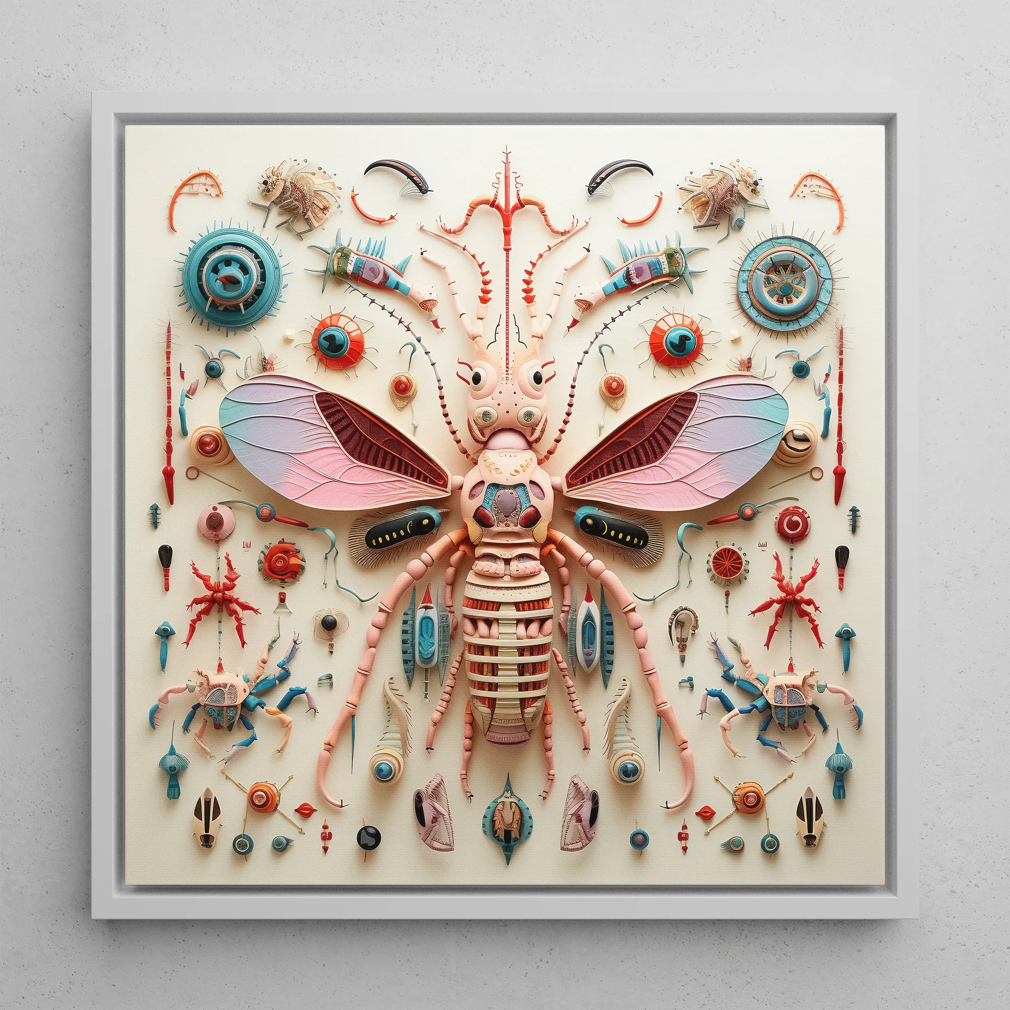 Peachy Queen - Alien Insect Taxonomy Framed Canvas, 12’’x12’’ / White Floating Frame, Intricate Insect Assemblage Square Frame