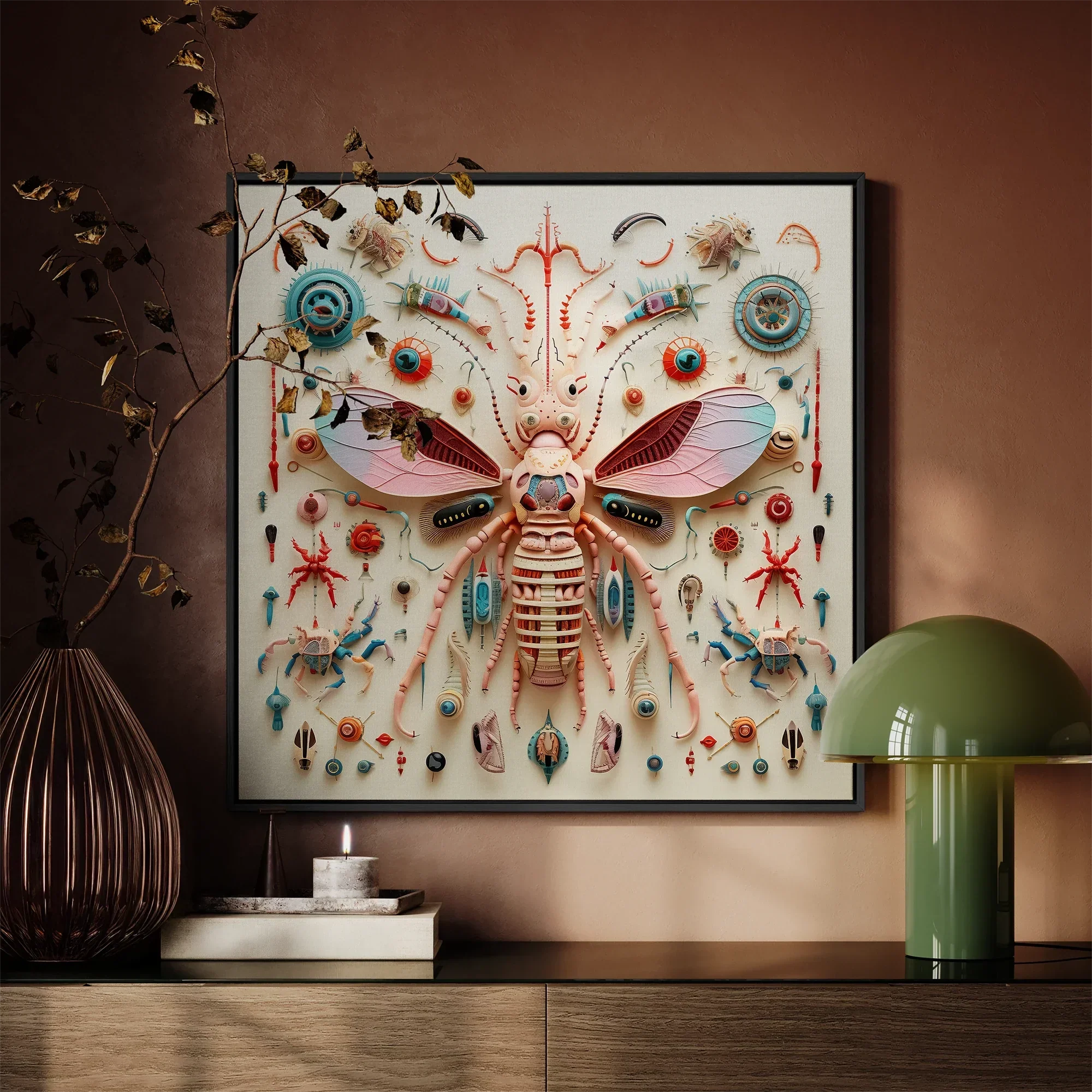 Peachy Queen - Alien Insect Taxonomy Framed Canvas, Framed Insect Collage