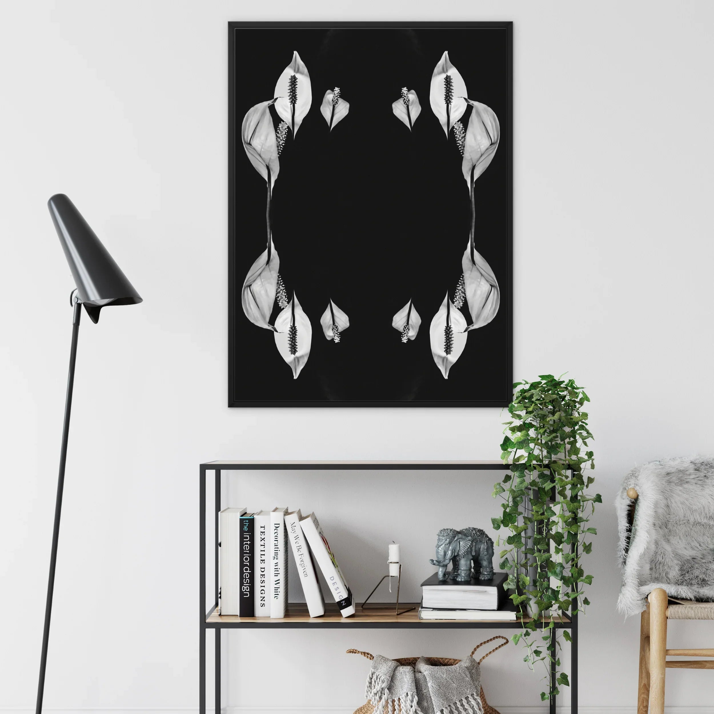 Pearly Whites - Koh Chang Peace Lily Framed Canvas, Black White Artwork Symmetrical Leaf Patterns Arranged Frame-like